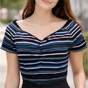 White House Black Market Black and Blue Striped Tee